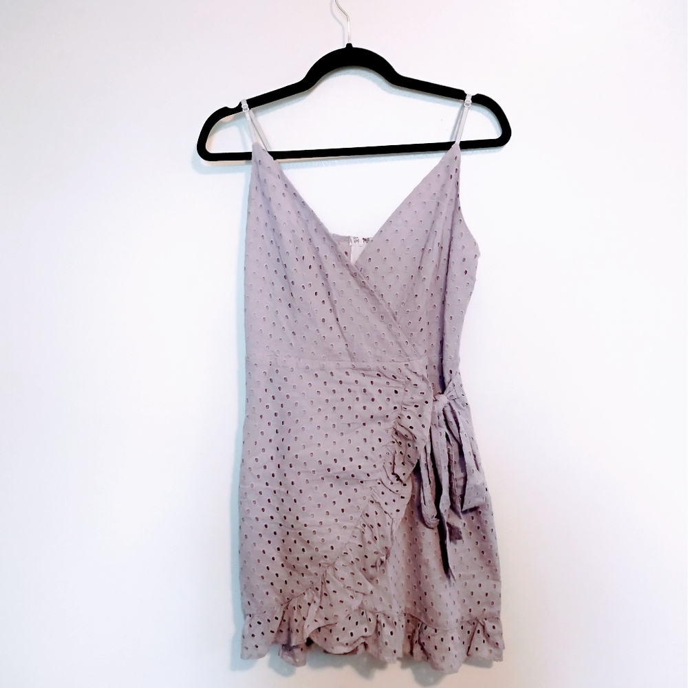 Sage eyelet mini dress with faux wrap front detail. Lavender dress size medium